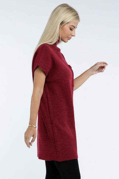 Mock Neck Short Sleeve Sweater Dress with Pocket in 6 Colors