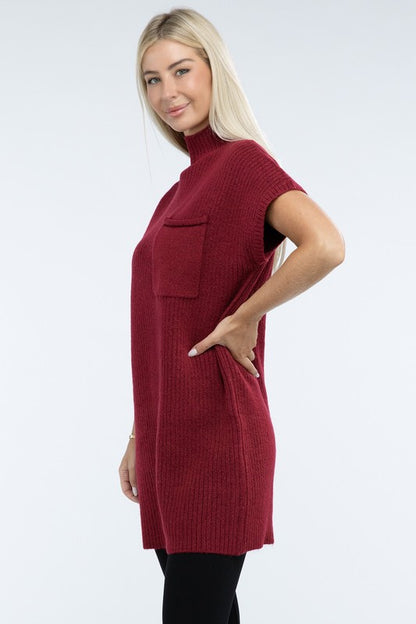 Mock Neck Short Sleeve Sweater Dress with Pocket in 6 Colors