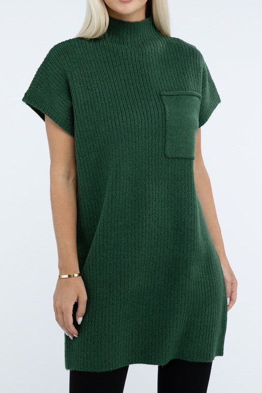 Mock Neck Short Sleeve Sweater Dress with Pocket in 6 Colors