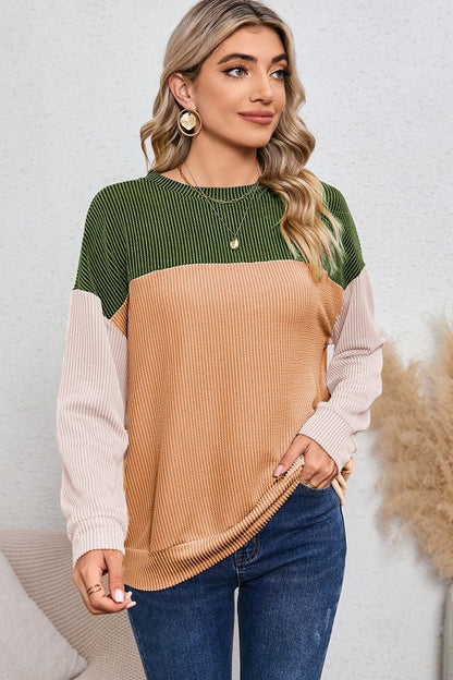 Ribbed Colorblock Long Sleeve Top in 3 Colors