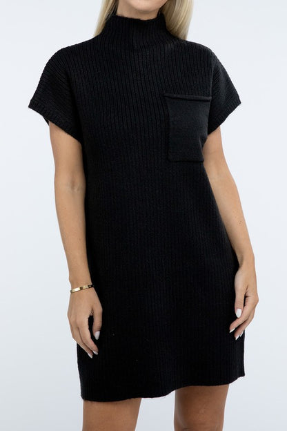 Mock Neck Short Sleeve Sweater Dress with Pocket in 6 Colors