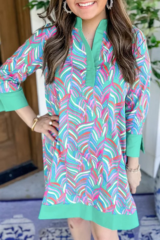 Womens Abstract Print Split Neck 3/4 Sleeve Shift Dress