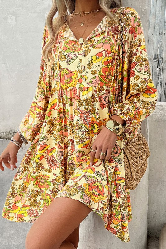 Women Floral Print V Neck Puff Sleeve Mini Dress