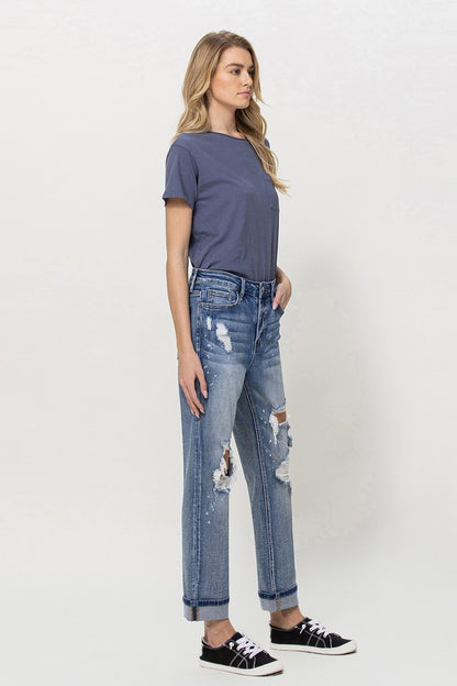 Stretch Mom Jeans w/ Spatter Detail and Cuff from Vervet