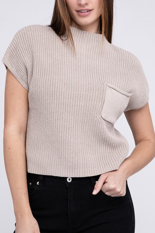 Mock Neck Short Sleeve Cropped Sweater in Mocha or Camel