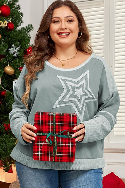 Women Stars Patchwork Round Neck Plus Size T Shirt