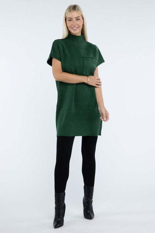 Mock Neck Short Sleeve Sweater Dress with Pocket in 6 Colors