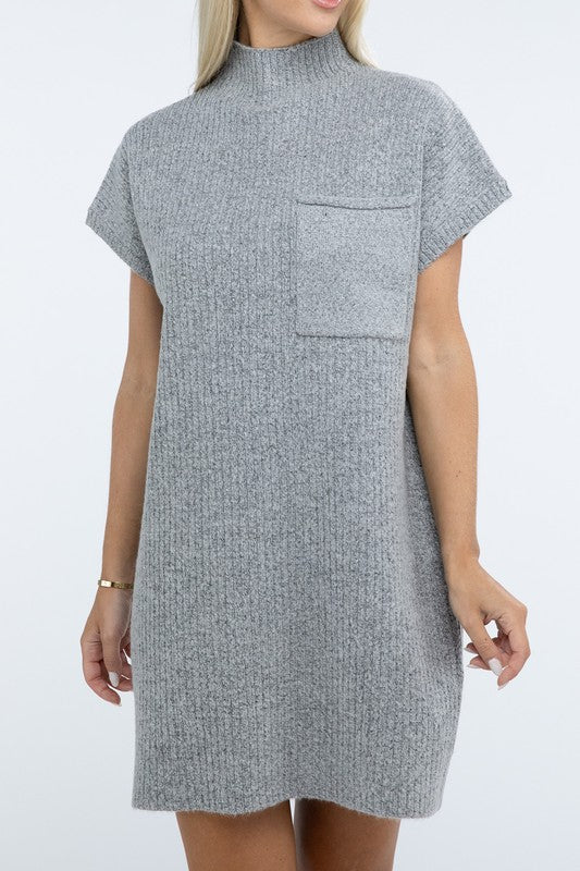 Mock Neck Short Sleeve Sweater Dress with Pocket in 6 Colors