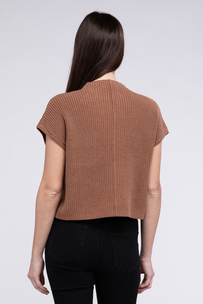 Mock Neck Short Sleeve Cropped Sweater in Mocha or Camel