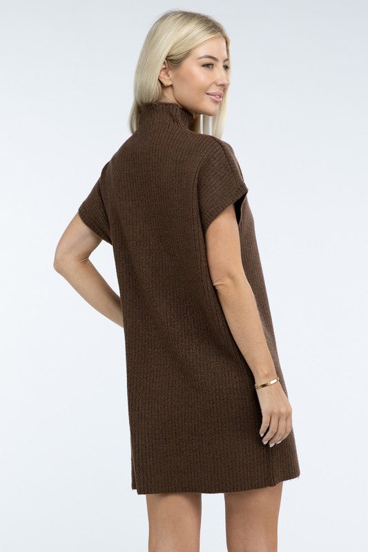 Mock Neck Short Sleeve Sweater Dress with Pocket in 6 Colors