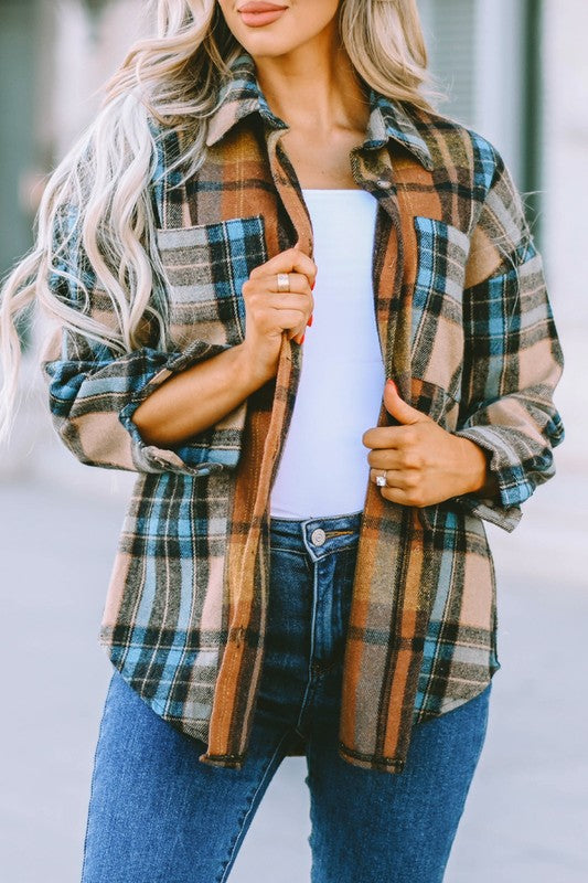 Women Plaid Block Buttoned Shirt with Pockets