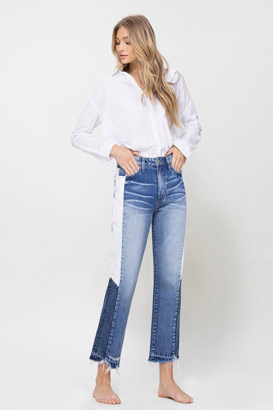 Super HIgh RIse Straight Crop Jeans with Colorblock Panel