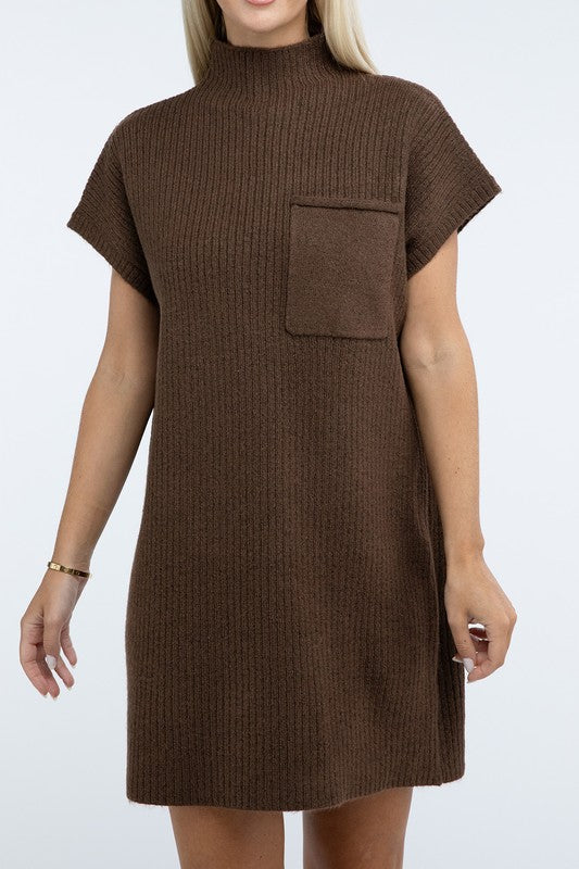 Mock Neck Short Sleeve Sweater Dress with Pocket in 6 Colors