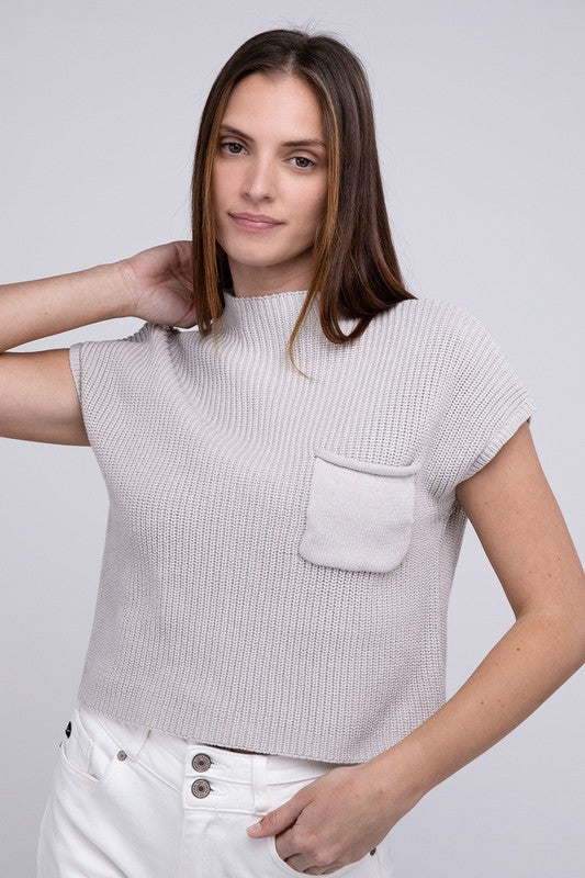 Mock Neck Short Sleeve Cropped Sweater in Mocha or Camel