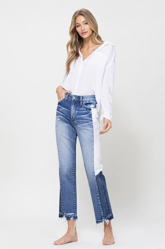 Super HIgh RIse Straight Crop Jeans with Colorblock Panel