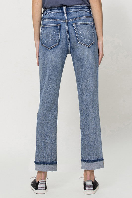 Stretch Mom Jeans w/ Spatter Detail and Cuff from Vervet