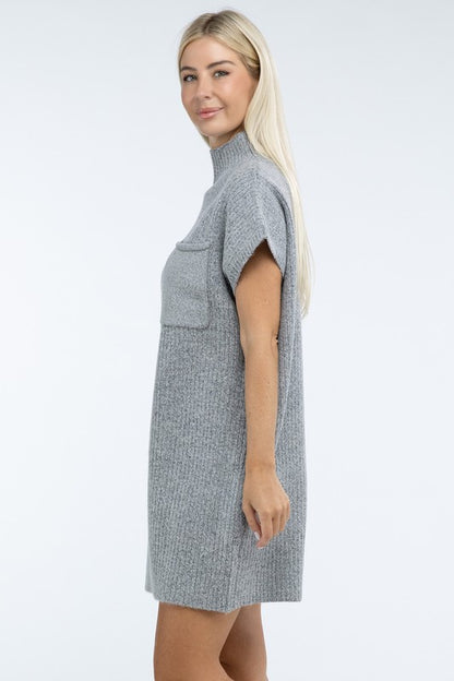 Mock Neck Short Sleeve Sweater Dress with Pocket in 6 Colors