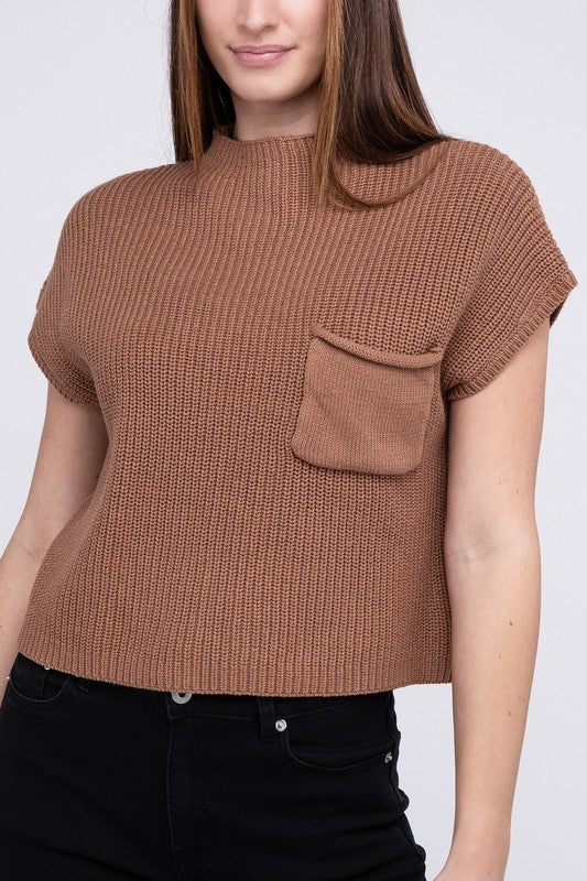 Mock Neck Short Sleeve Cropped Sweater in Mocha or Camel