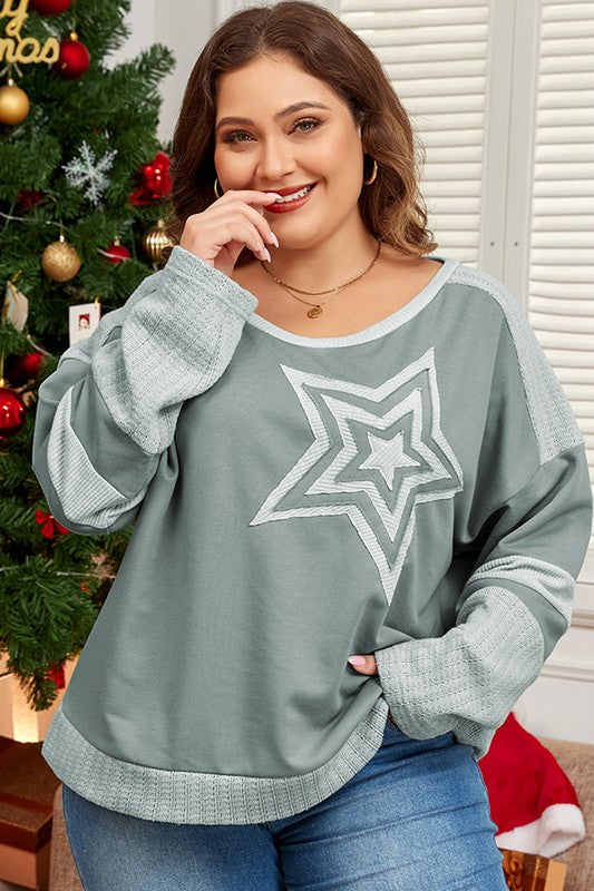 Women Stars Patchwork Round Neck Plus Size T Shirt