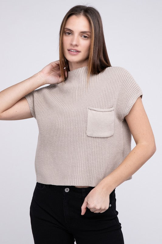 Mock Neck Short Sleeve Cropped Sweater in Mocha or Camel