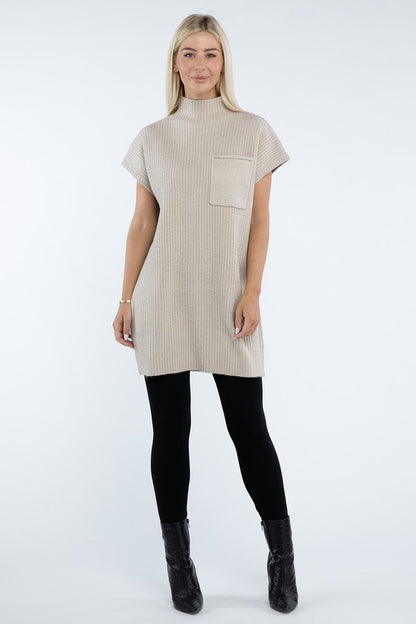 Mock Neck Short Sleeve Sweater Dress with Pocket in 6 Colors