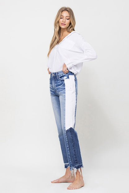 Super HIgh RIse Straight Crop Jeans with Colorblock Panel