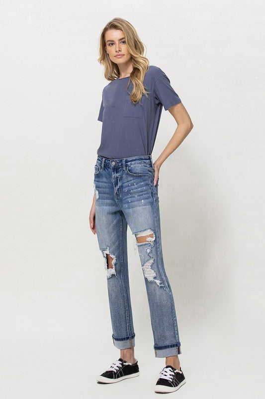 Stretch Mom Jeans w/ Spatter Detail and Cuff from Vervet