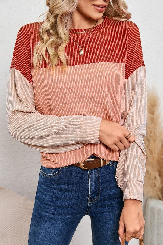 Ribbed Colorblock Long Sleeve Top in 3 Colors