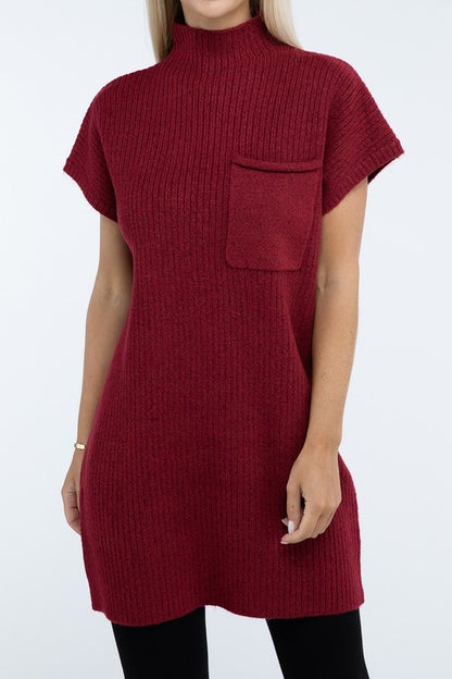 Mock Neck Short Sleeve Sweater Dress with Pocket in 6 Colors