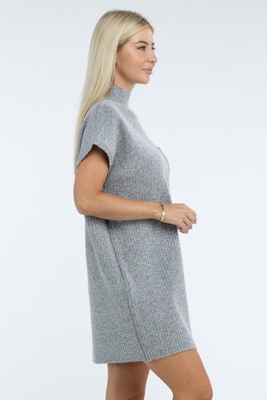 Mock Neck Short Sleeve Sweater Dress with Pocket in 6 Colors