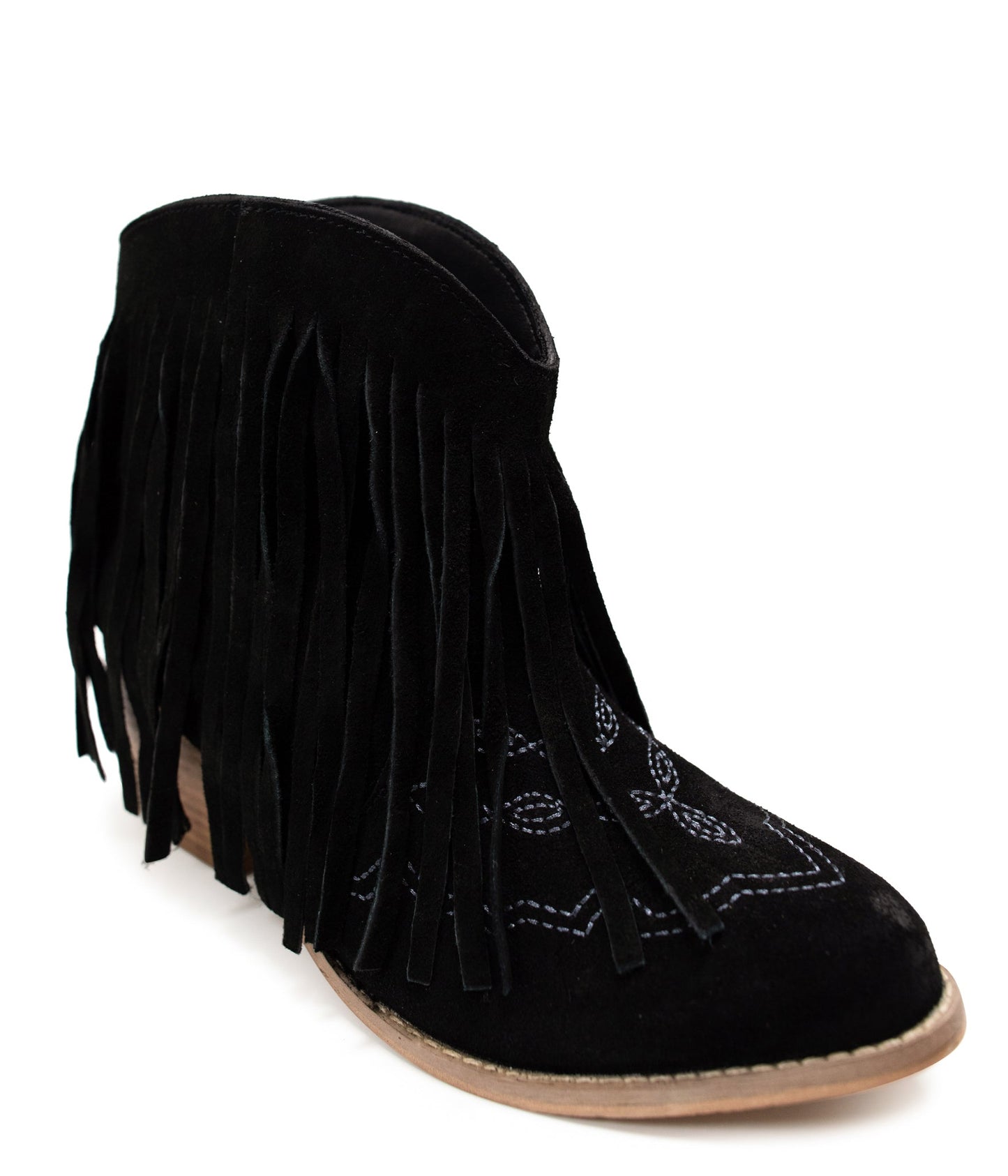 Amos Fringe Ankle Bootie in Black Suede