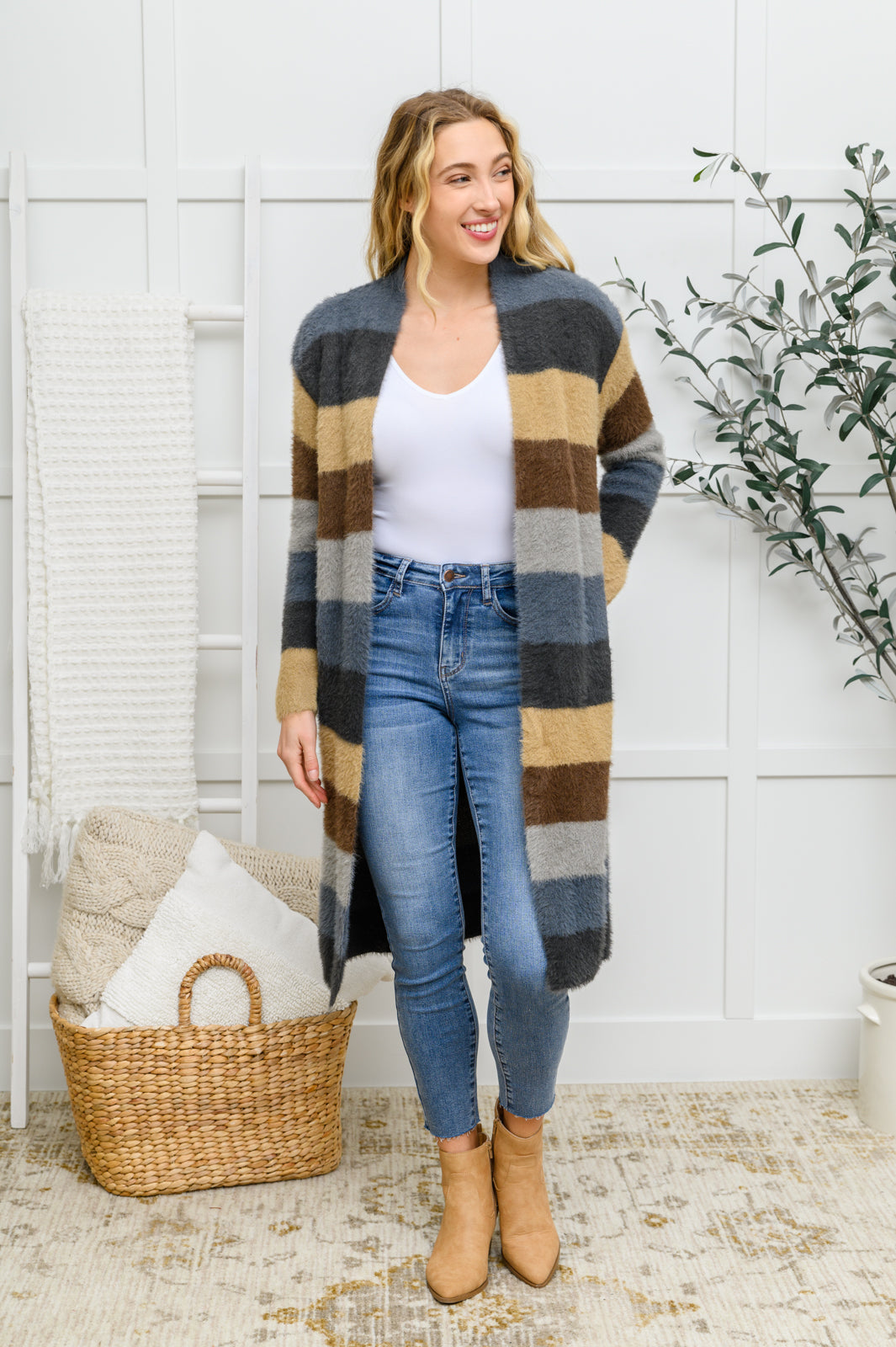 Fuzzy Longline Striped Cardigan In Blue & Cocoa