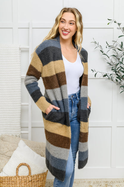 Fuzzy Longline Striped Cardigan In Blue & Cocoa