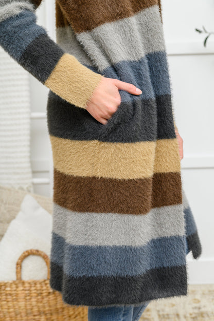 Fuzzy Longline Striped Cardigan In Blue & Cocoa