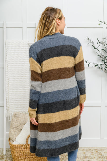 Fuzzy Longline Striped Cardigan In Blue & Cocoa