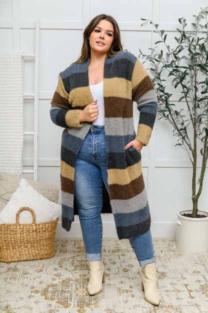 Fuzzy Longline Striped Cardigan In Blue & Cocoa