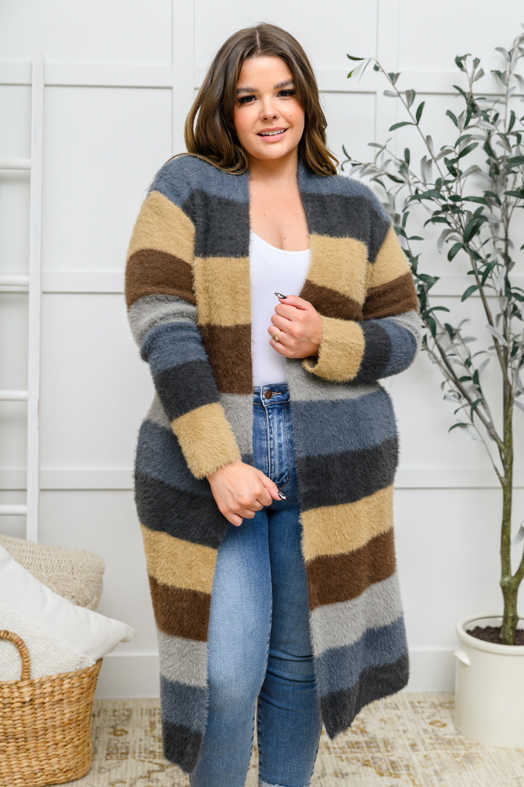 Fuzzy Longline Striped Cardigan In Blue & Cocoa