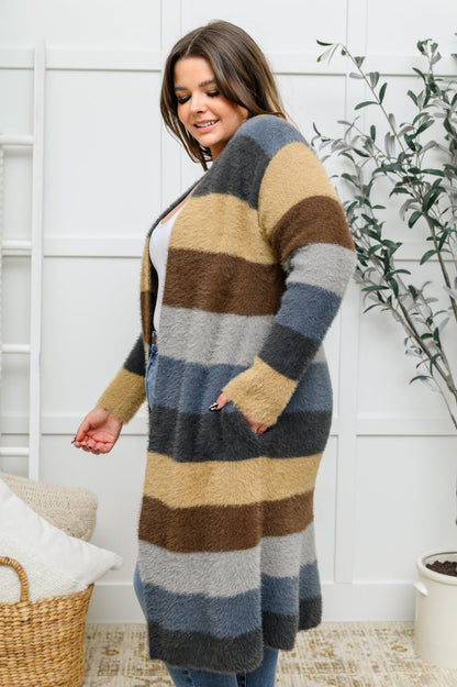 Fuzzy Longline Striped Cardigan In Blue & Cocoa