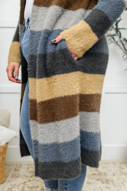 Fuzzy Longline Striped Cardigan In Blue & Cocoa