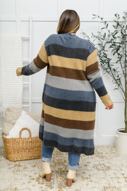 Fuzzy Longline Striped Cardigan In Blue & Cocoa