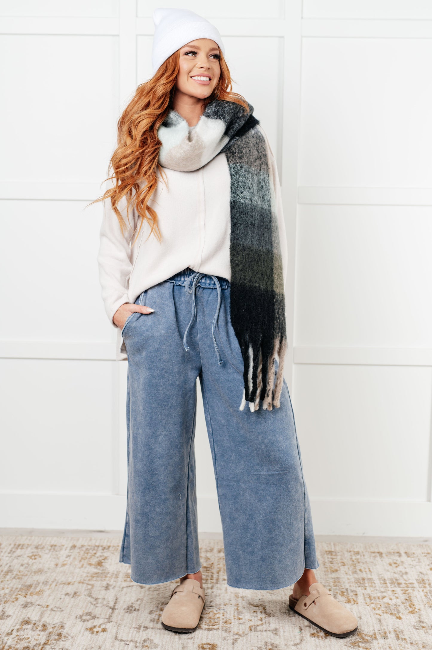 In or Out Wide Leg Cropped Pants in Dusty Blue