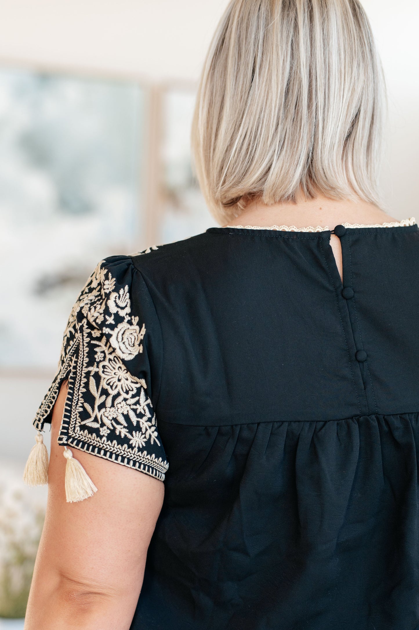 Try Again Embroidered Top with Tassels