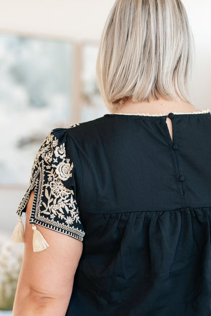 Try Again Embroidered Top with Tassels