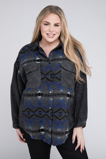 Plus Printed Button Down Long Sleeve Jacket in 2 Colors