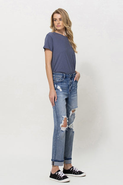 Stretch Mom Jeans w/ Spatter Detail and Cuff from Vervet