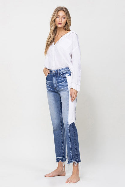 Super HIgh RIse Straight Crop Jeans with Colorblock Panel