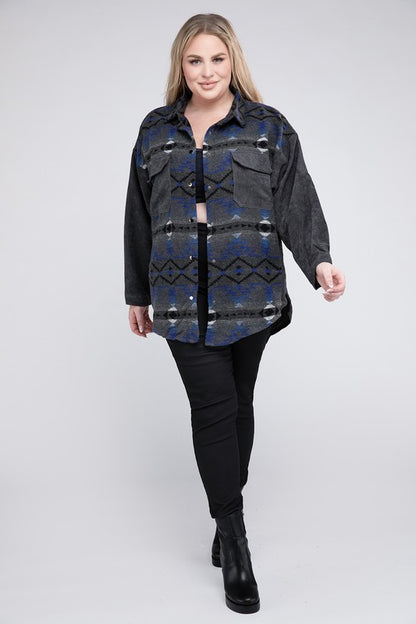 Plus Printed Button Down Long Sleeve Jacket in 2 Colors