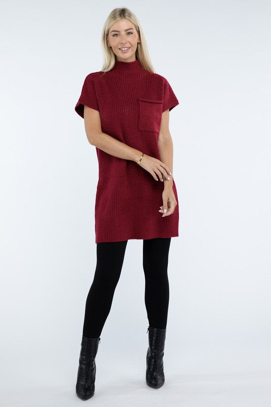 Mock Neck Short Sleeve Sweater Dress with Pocket in 6 Colors