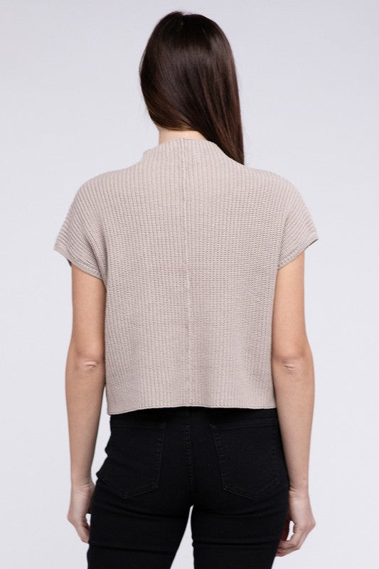 Mock Neck Short Sleeve Cropped Sweater in Mocha or Camel