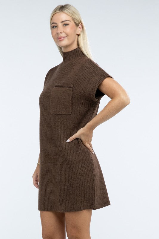 Mock Neck Short Sleeve Sweater Dress with Pocket in 6 Colors